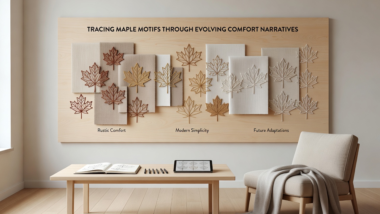 Contemporary maple motif applications in layered textile arrangements for modern seasonal comfort displays
